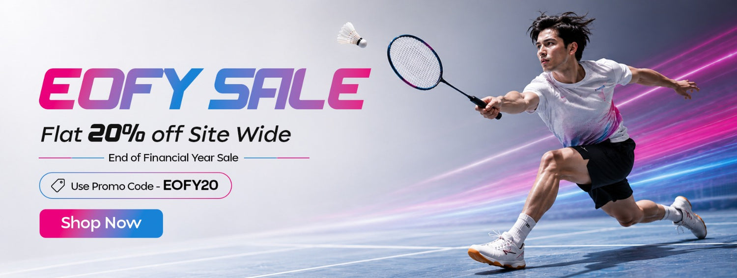 Badminton player in action with EOFY Sale promotion on a colorful background
